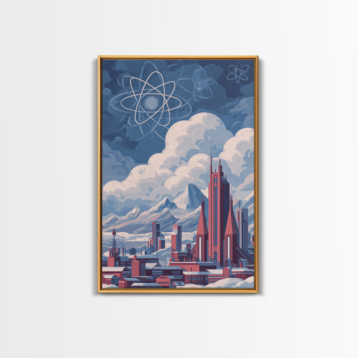 Atomic Futuristic City Under Clouds Wall Art, Retro Sci Fi Skyline, Midcentury Modern Art, Space Age Decor, MCM Poster Prints