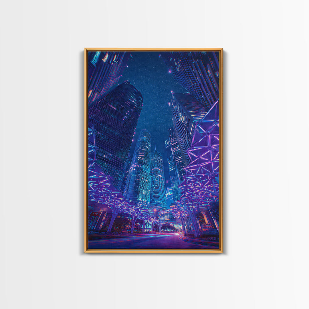 Neon Cyberpunk Skyscraper City Canvas Print, Modern Wall Art, Blue Purple Urban Night Poster Print, Contemporary Office Decor