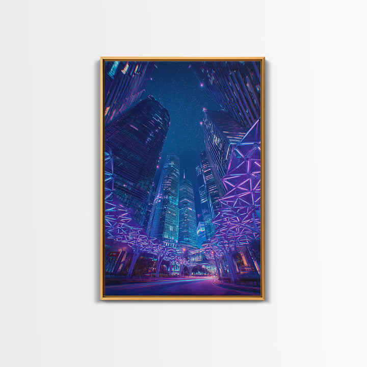 Neon Cyberpunk Skyscraper City Canvas Print, Modern Wall Art, Blue Purple Urban Night Poster Print, Contemporary Office Decor