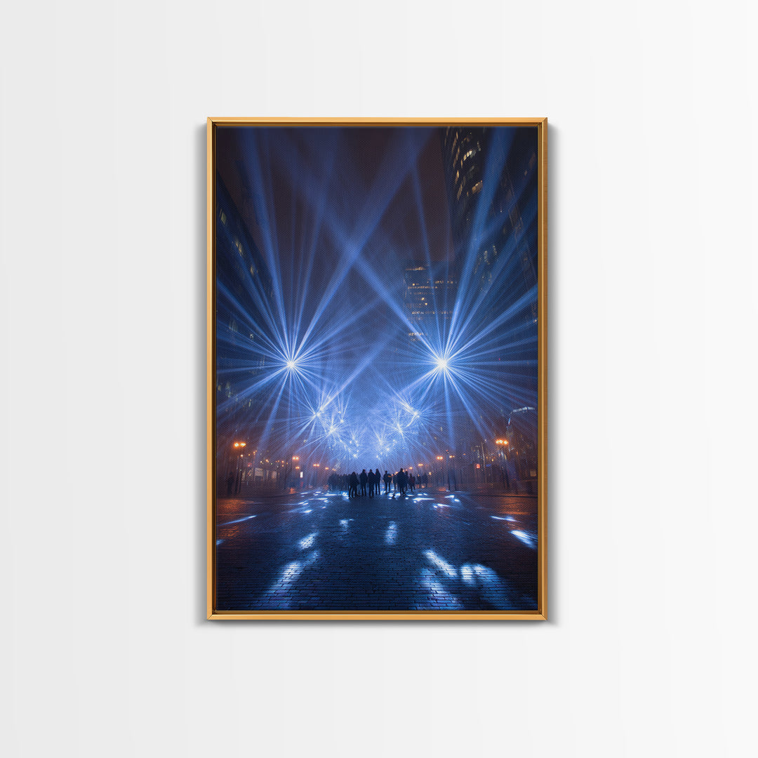 Rainy Night City Light Beams Wall Art, Modern Urban Photography Print, Blue Black Office Decor, Dramatic Skyline Poster Print