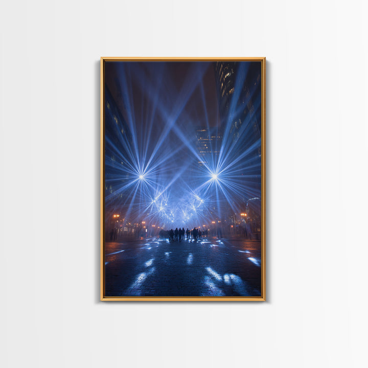 Rainy Night City Light Beams Wall Art, Modern Urban Photography Print, Blue Black Office Decor, Dramatic Skyline Poster Print