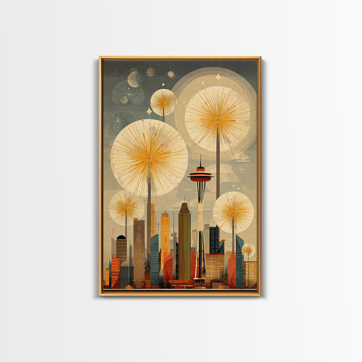 Seattle Space Needle Sunbursts Wall Art, Midcentury Modern Art, Retro City Skyline Poster, Atomic MCM Home Decor Print Gift