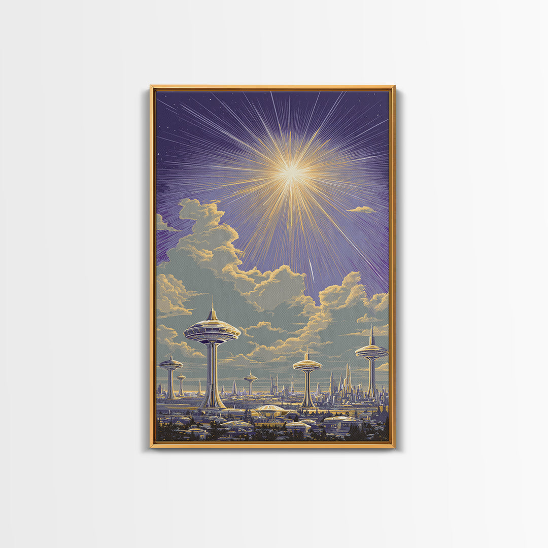Futuristic Utopia City With Radiant Sun Canvas Print, Retro Sci Fi Wall Art, Space Age Skyline, Modern Home Decor Office Poster Print