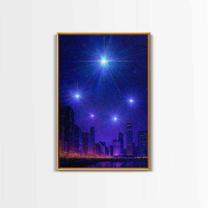 Blue Purple Starburst Night Skyline Wall Art, Modern Abstract Art, City Lights Poster, Space Digital Art, Home Office Decor