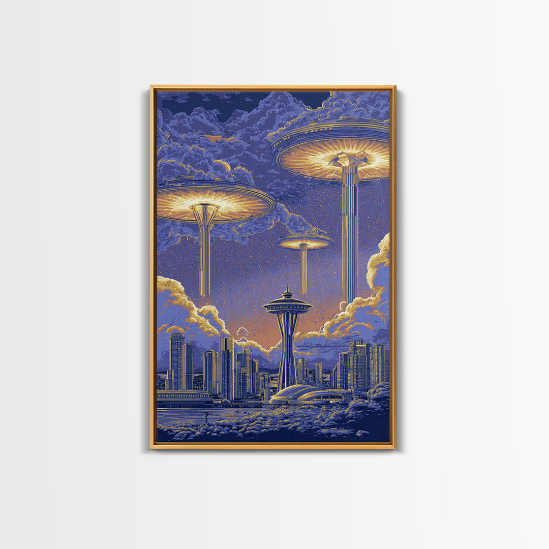 Floating Saucer Towers Above Skyline Framed Canvas Print, Retro Sci Fi Wall Art, Futuristic City Decor, Space Age Poster Print