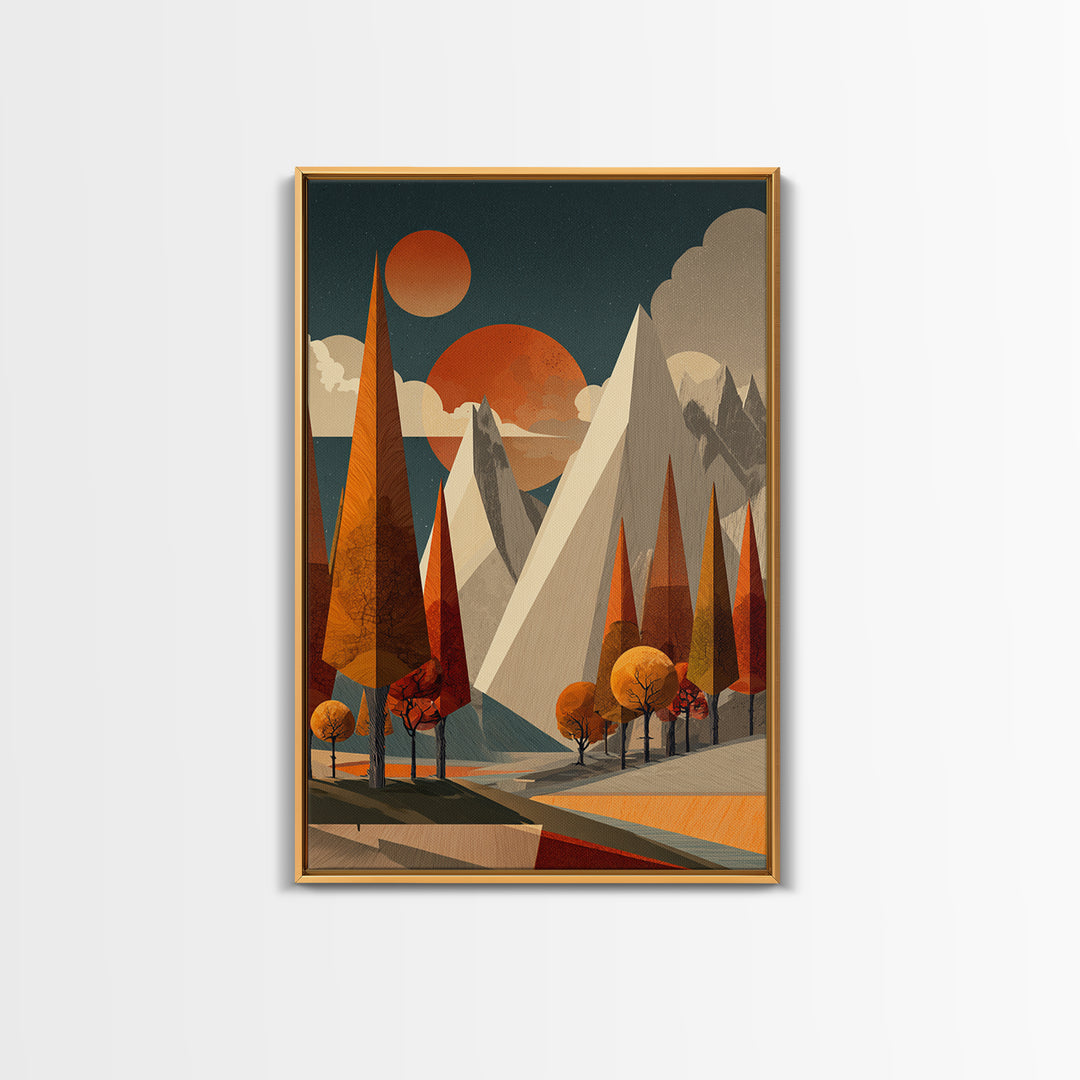 Orange Suns Alpine Peaks Wall Art, Midcentury Modern Mountain Print, Retro Geometric Landscape, MCM Cabin Decor For Living Room