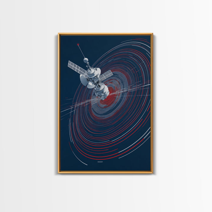 Orbiting Satellite With Red Signal Rings Wall Art, Modern Sci Fi Poster, Space Abstract Art Print, Futuristic Office Decor
