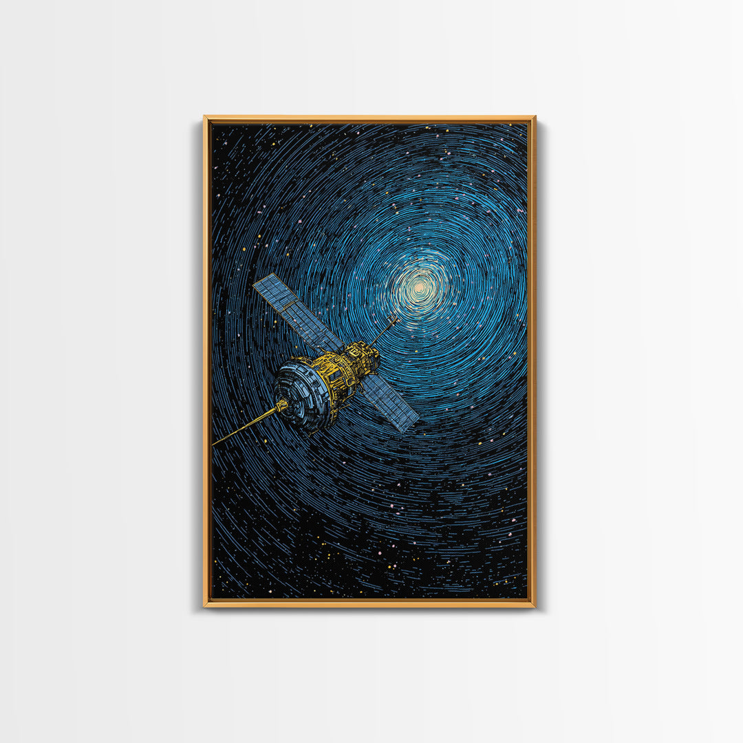 Blue Satellite Drifting Through Star Vortex Canvas Print, Modern Space Wall Art, Sci Fi Poster, Astronomy Office Decor Gift