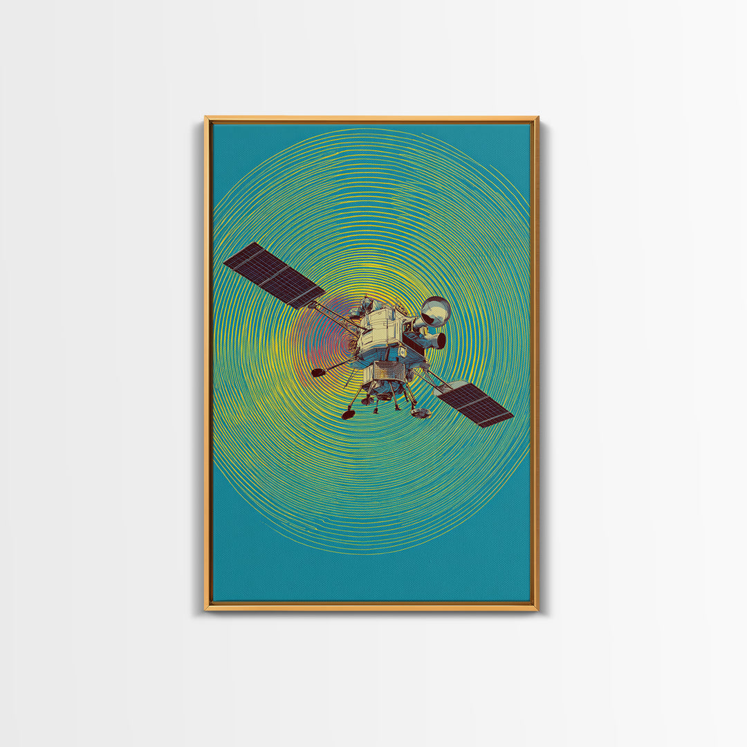 Lunar Probe With Neon Signal Waves Wall Art, Midcentury Modern Space Poster, Colorful Sci Fi Print, Retro Office Decor Gift