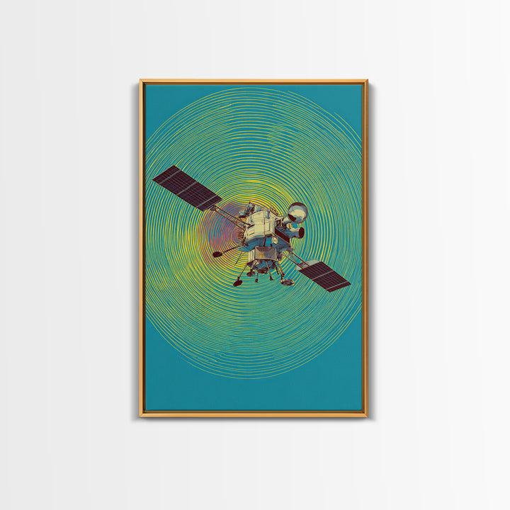 Lunar Probe With Neon Signal Waves Wall Art, Midcentury Modern Space Poster, Colorful Sci Fi Print, Retro Office Decor Gift