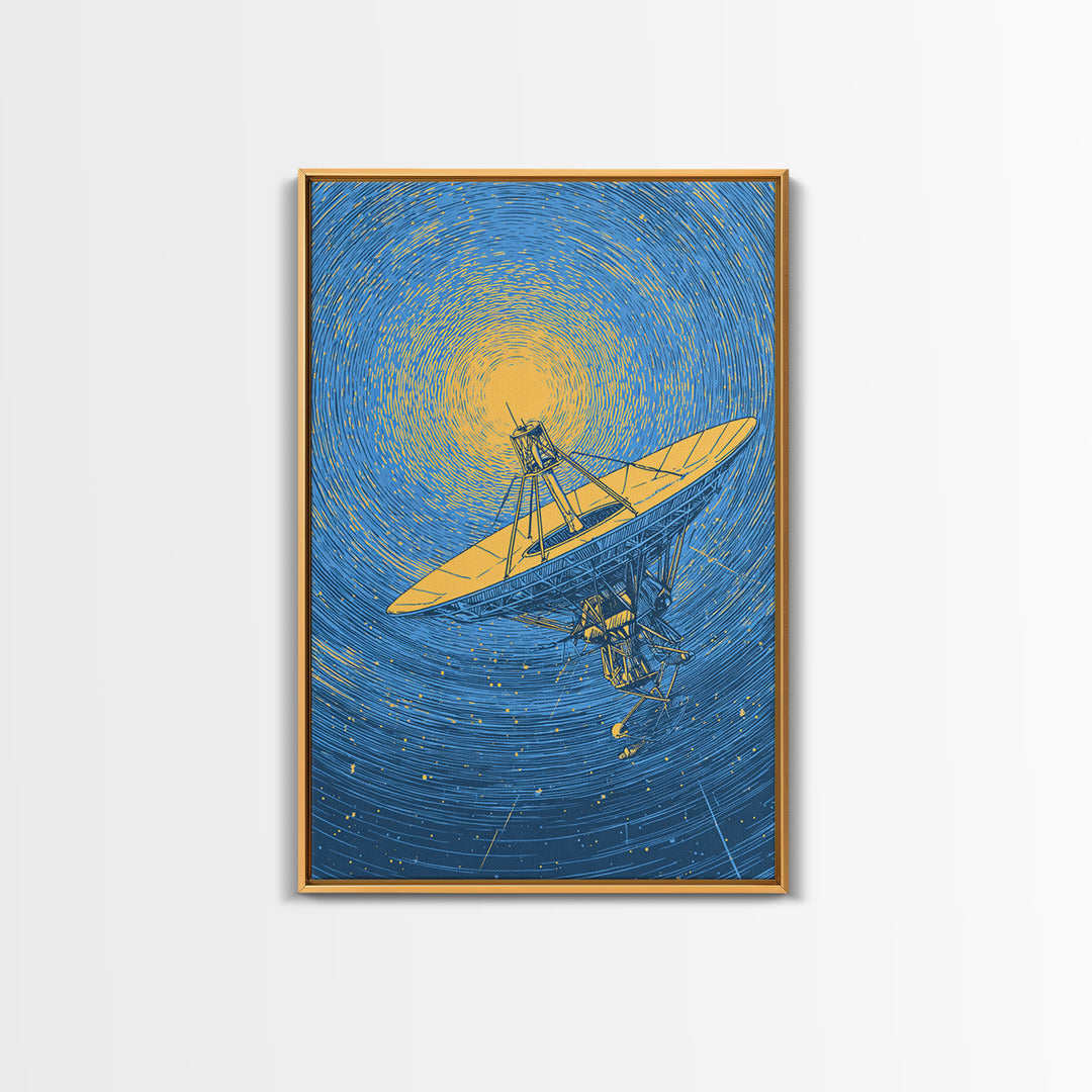 Radio Telescope Beneath Swirling Sun Canvas Print, Modern Space Wall Art, Astronomy Poster, Blue Midcentury Decor Gift Idea