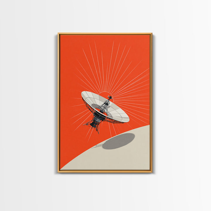 Satellite Dish Over Orange Planet Framed Canvas Print, Retro Space Wall Art, Modern Sci Fi Poster, Bold Office Decor Gift
