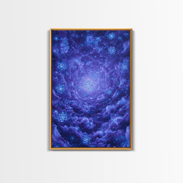 Purple Cosmic Clouds With Atom Symbols Wall Art, Retro Sci Fi Space Poster, Modern Abstract Art, Blue Art Print, Dorm Decor