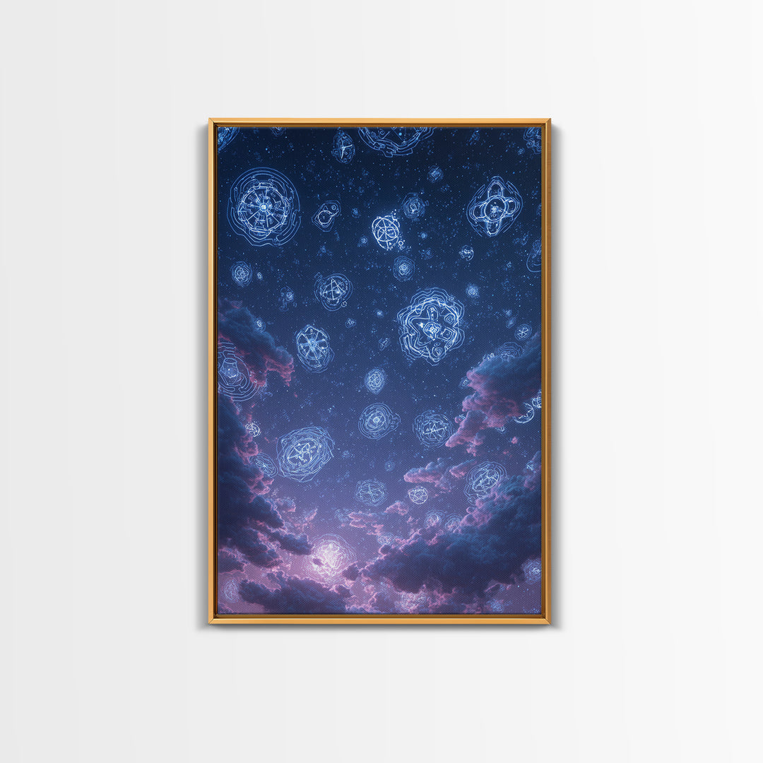 Glowing Celestial Glyphs In Starry Clouds Wall Art, Mystical Space Abstract Poster, Modern Wall Decor, Blue Cosmic Art Print