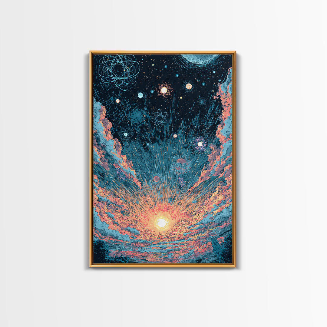 Retro Space Sunrise With Planets And Atoms Canvas Print, Midcentury Modern Art, Atomic Poster, Colorful Wall Decor, Retro Art Print