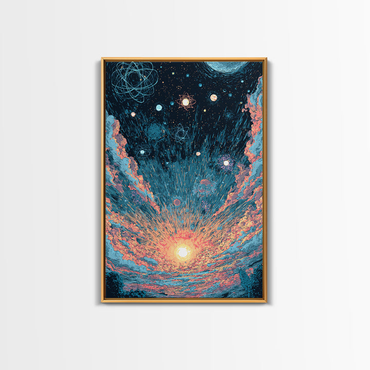 Retro Space Sunrise With Planets And Atoms Canvas Print, Midcentury Modern Art, Atomic Poster, Colorful Wall Decor, Retro Art Print