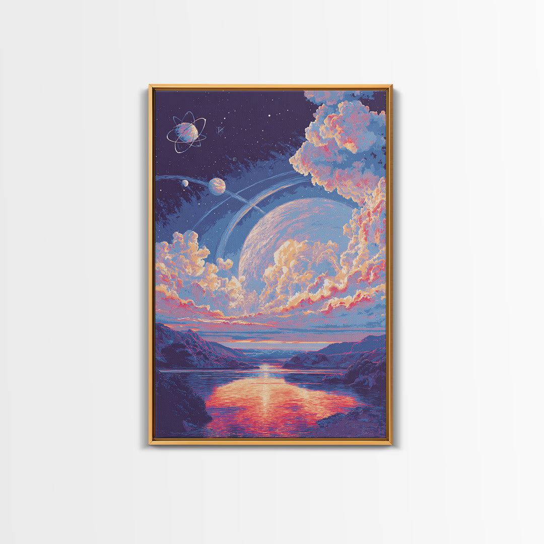 Pastel Planet Lake Under Ringed Sky Framed Canvas Print, Sci Fi Landscape Wall Art, Modern Digital Art, Dreamy Room Decor