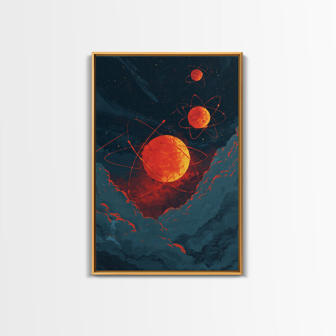 Fiery Red Atomic Planets In Dark Clouds Wall Art, Retro Sci Fi Poster, Modern Abstract Art, Orange Black Space Decor, Mcm Wall Art