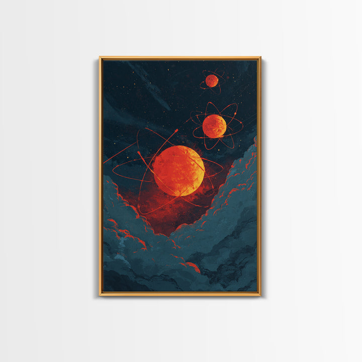 Fiery Red Atomic Planets In Dark Clouds Wall Art, Retro Sci Fi Poster, Modern Abstract Art, Orange Black Space Decor, Mcm Wall Art
