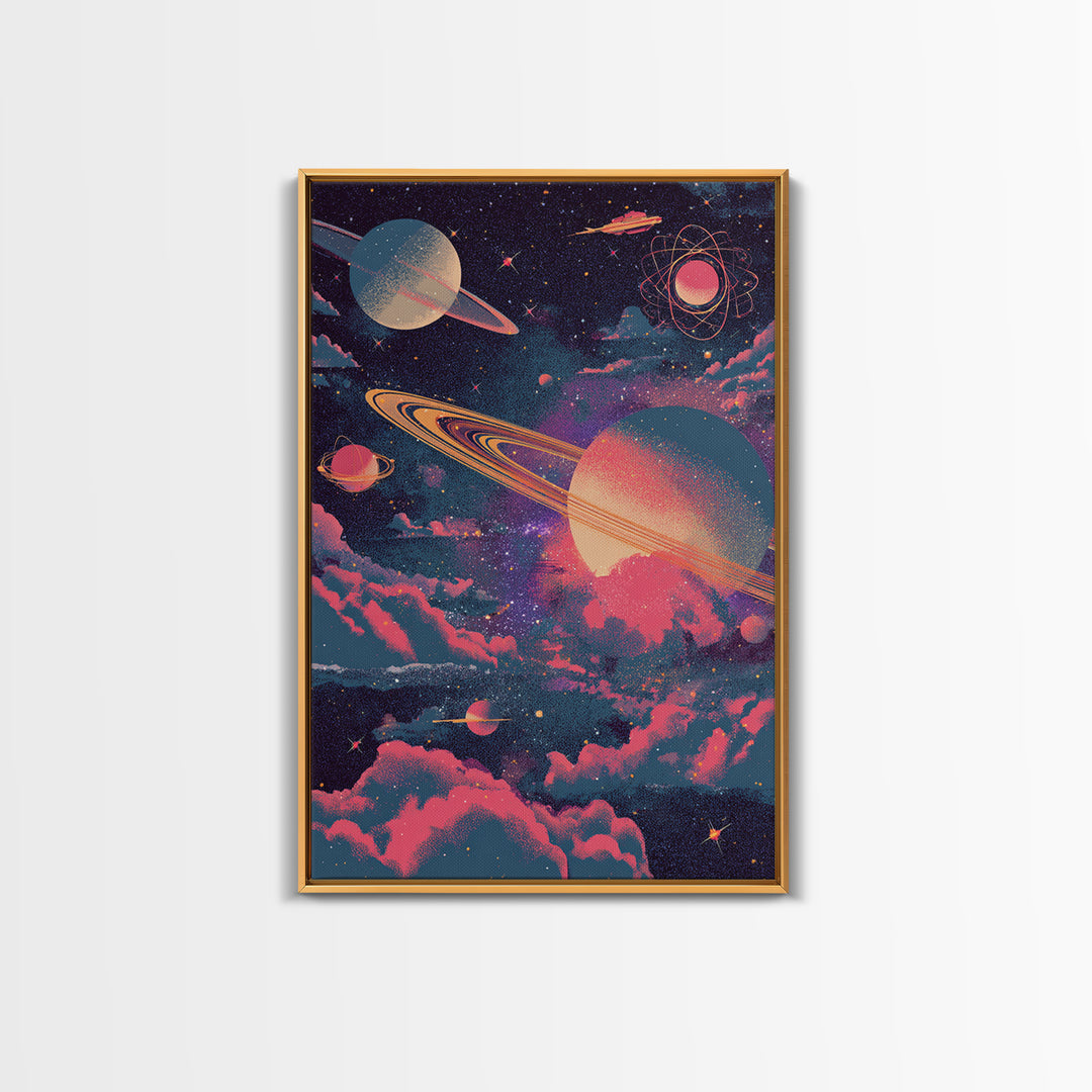 Neon Saturn Planets Above Pink Clouds Framed Canvas Print, Retro Space Poster, Modern Wall Art, Cosmic Home Decor, 70s Art Print