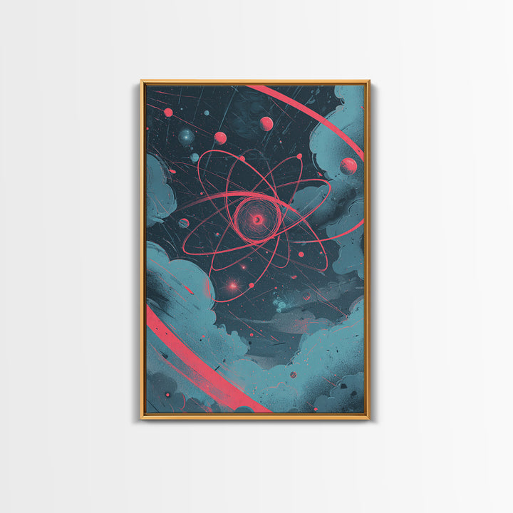 Neon Pink Atom Orbit In Teal Space Canvas Print, Atomic Retro Poster, Modern Abstract Art, Geometric Wall Decor, Mcm Artwork