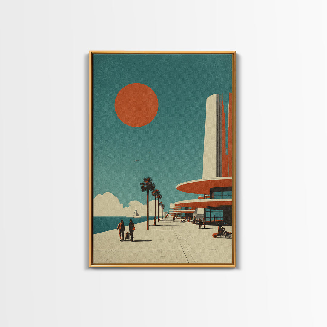 Midcentury Seaside Promenade With Orange Sun Framed Canvas Print, Palm Springs Art, Retro Travel Poster, Modern Wall Decor