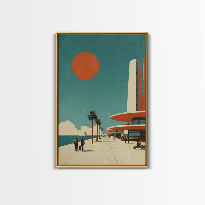 Midcentury Seaside Promenade With Orange Sun Framed Canvas Print, Palm Springs Art, Retro Travel Poster, Modern Wall Decor