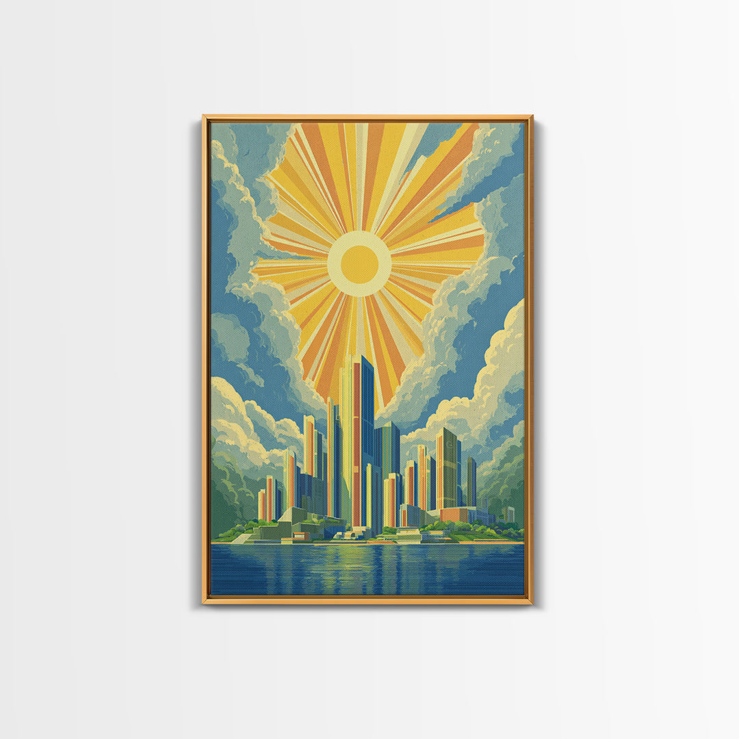 Radiant Futuristic City Sunrise Wall Art, Midcentury Modern Art Print, Retro Skyline Poster, MCM Wall Decor, Living Room Decor