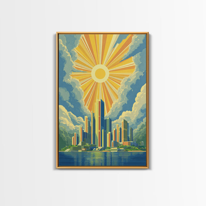 Radiant Futuristic City Sunrise Wall Art, Midcentury Modern Art Print, Retro Skyline Poster, MCM Wall Decor, Living Room Decor