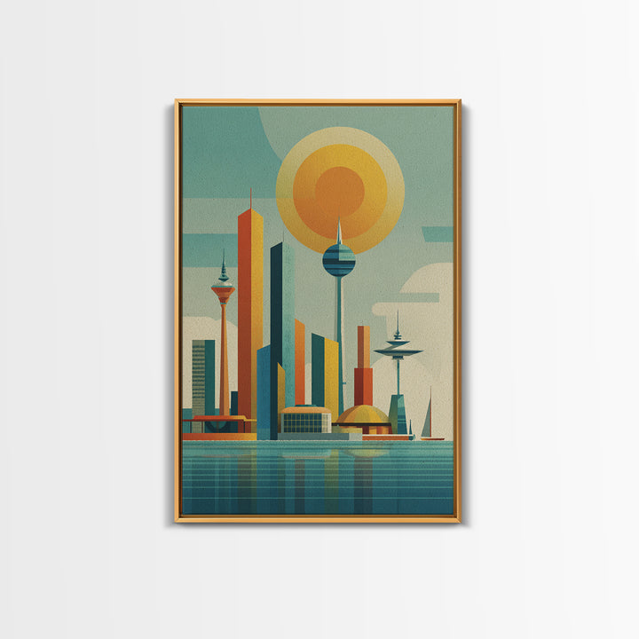 Retro Futuristic Skyline With Orb Sun Canvas Print, Midcentury Modern Wall Art, Atomic City Poster, MCM Decor, Office Wall Decor