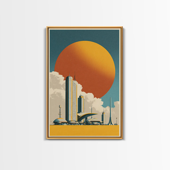 Futuristic City Under Orange Sun Framed Canvas Print, Midcentury Modern Wall Art, Retro Sci Fi Poster, Living Room Decor