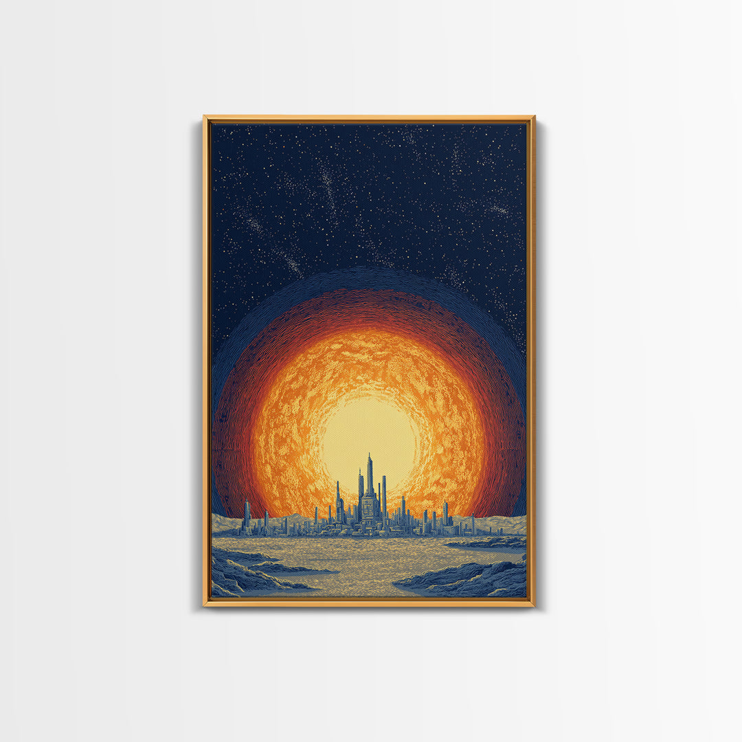 Blazing Solar City At Night Wall Art, Futuristic Midcentury Modern Art Print, Cosmic Retro Poster, Sci Fi Wall Decor, Office Decor