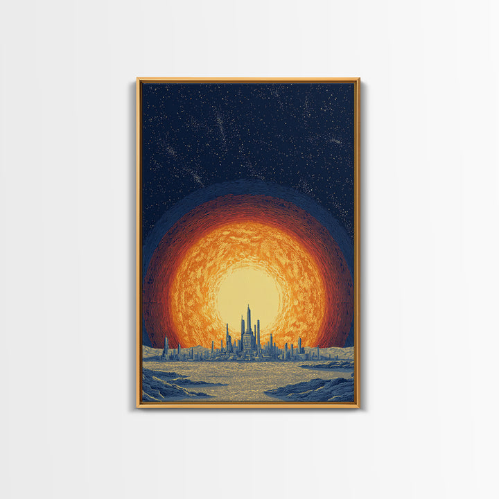 Blazing Solar City At Night Wall Art, Futuristic Midcentury Modern Art Print, Cosmic Retro Poster, Sci Fi Wall Decor, Office Decor