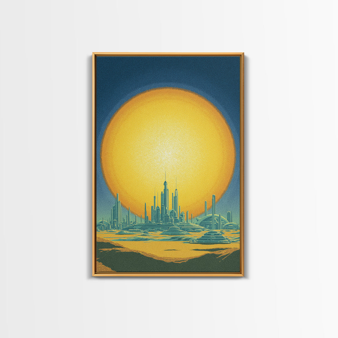 Golden Sun Futuristic Desert Skyline Canvas Print, Midcentury Modern Wall Art, Retro Sci Fi Poster, Modern Living Room Decor