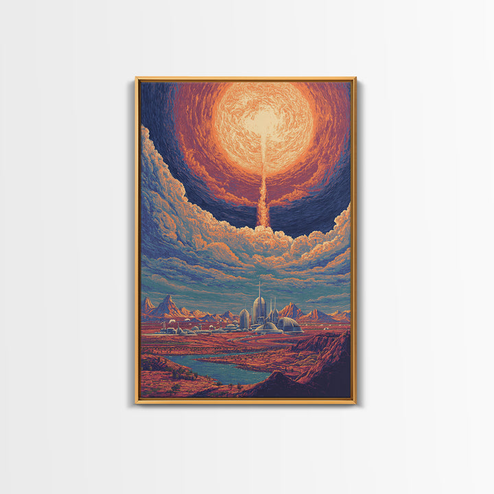 Radiant Solar City And Desert Canyon Wall Art, Retro Sci Fi Landscape Poster, Midcentury Modern Decor, Futuristic Art Print