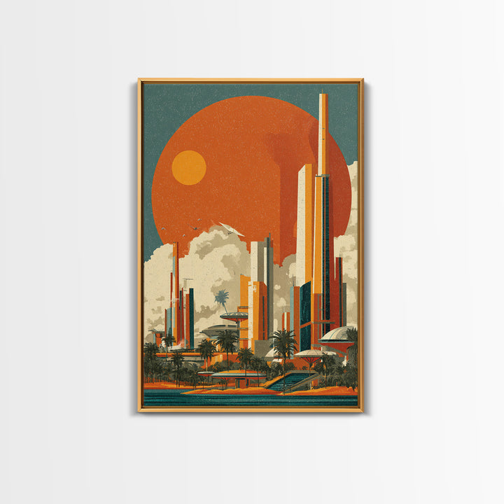 Orange Sun Futuristic Palm City Canvas Print, Retro Travel Poster, Midcentury Modern Wall Decor, Palm Springs Style Art Print
