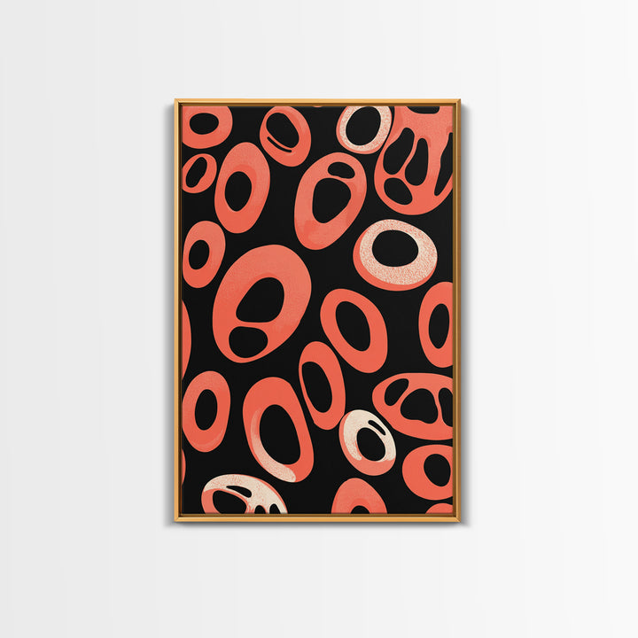Coral Oval Rings On Black Canvas Print, Bold Retro Abstract Poster, Midcentury Modern Decor, Orange Geometric Wall Art Print