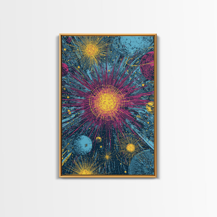 Exploding Stars And Planets Wall Art, Colorful Cosmic Retro Poster, Space Abstract Art, Midcentury Modern Decor Print Gift