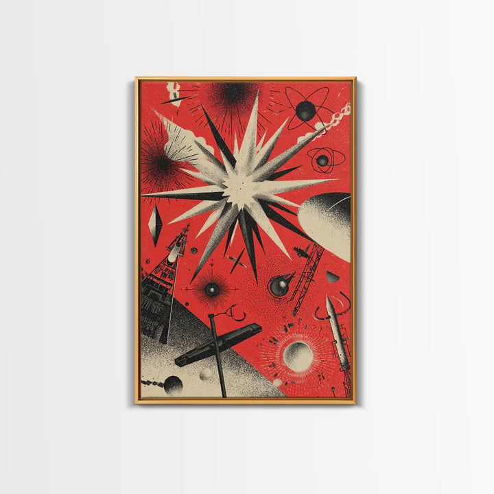 Red Atomic Starburst Space Scene Canvas Print, Retro Sci Fi Poster, Midcentury Modern Wall Decor, Futuristic Art Print Gift