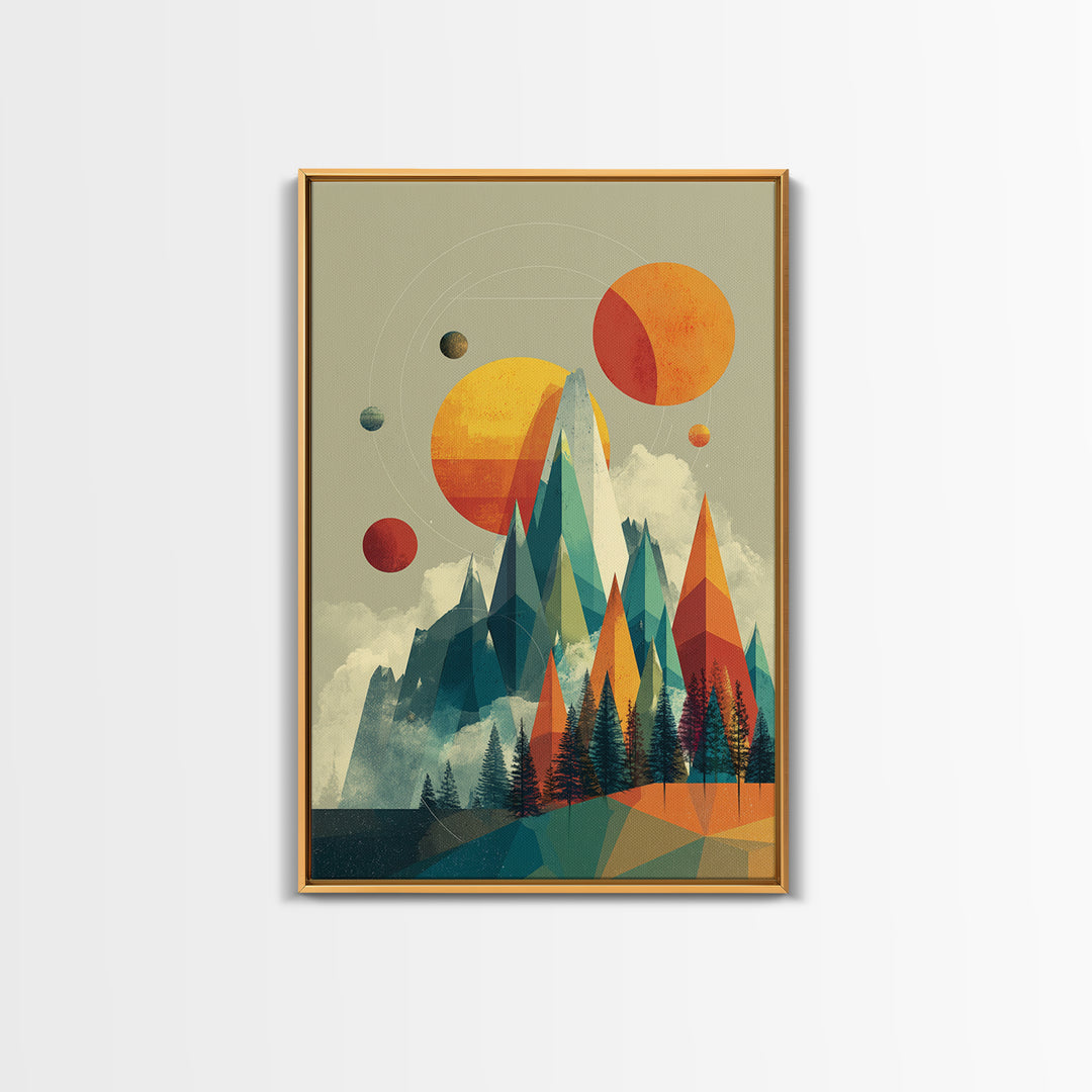 Planets Over Crystal Peaks Canvas Print, Midcentury Modern Space Mountain Wall Art, Retro Geometric MCM Decor For Living Room