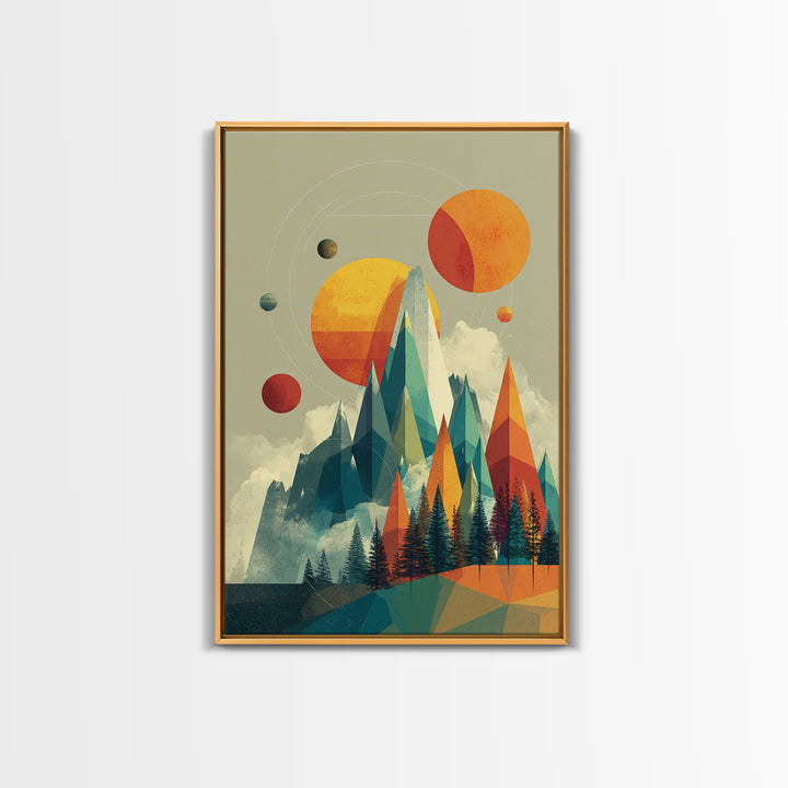 Planets Over Crystal Peaks Canvas Print, Midcentury Modern Space Mountain Wall Art, Retro Geometric MCM Decor For Living Room