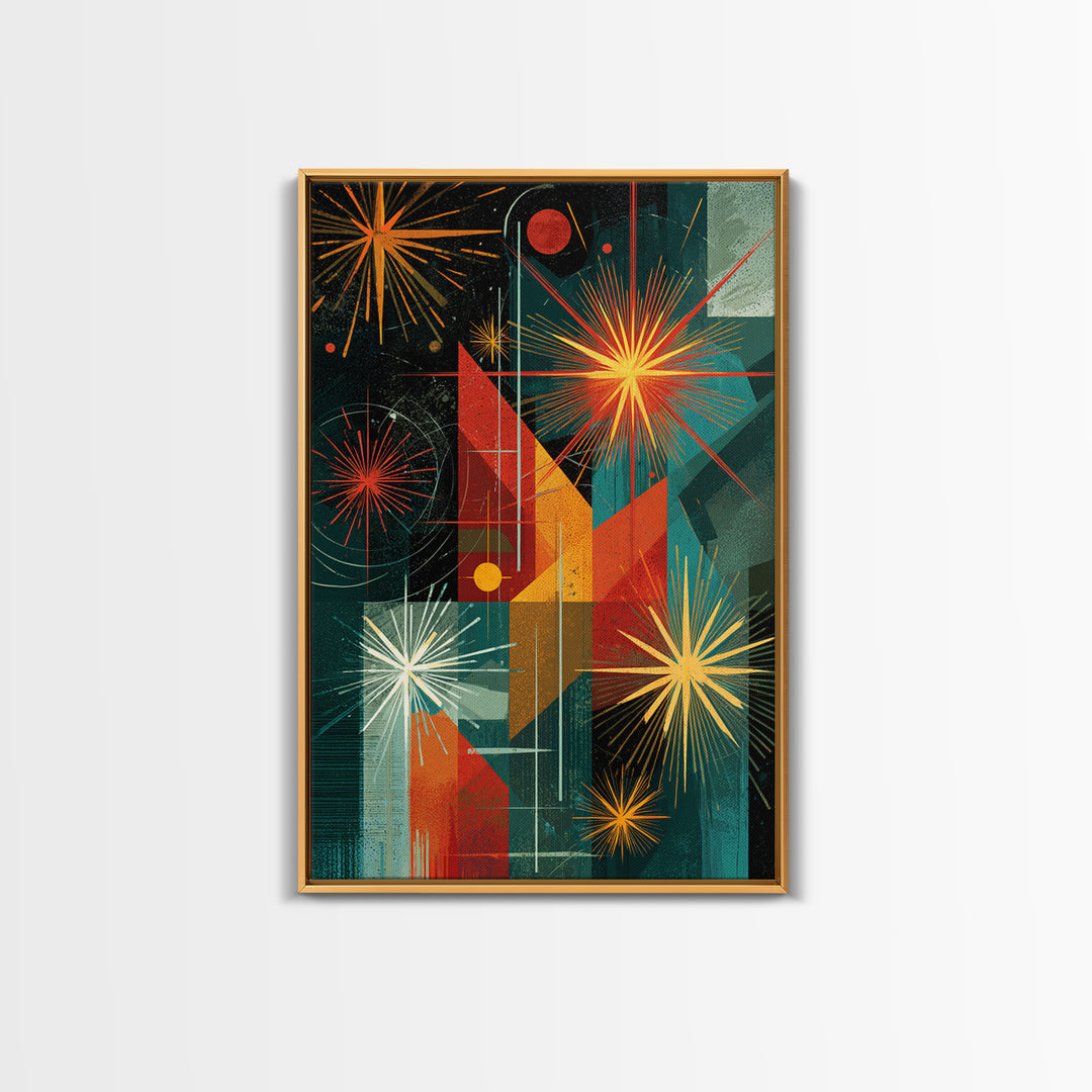 Teal Orange Geometric Fireworks Wall Art, Midcentury Modern Art, Atomic Retro Decor, Bold MCM Wall Decor Poster Print Gift
