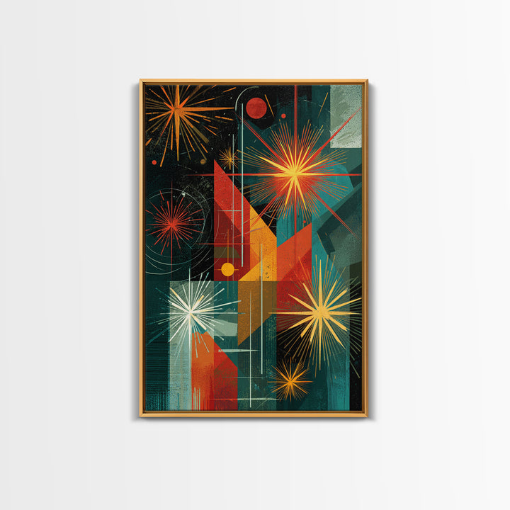 Teal Orange Geometric Fireworks Wall Art, Midcentury Modern Art, Atomic Retro Decor, Bold MCM Wall Decor Poster Print Gift