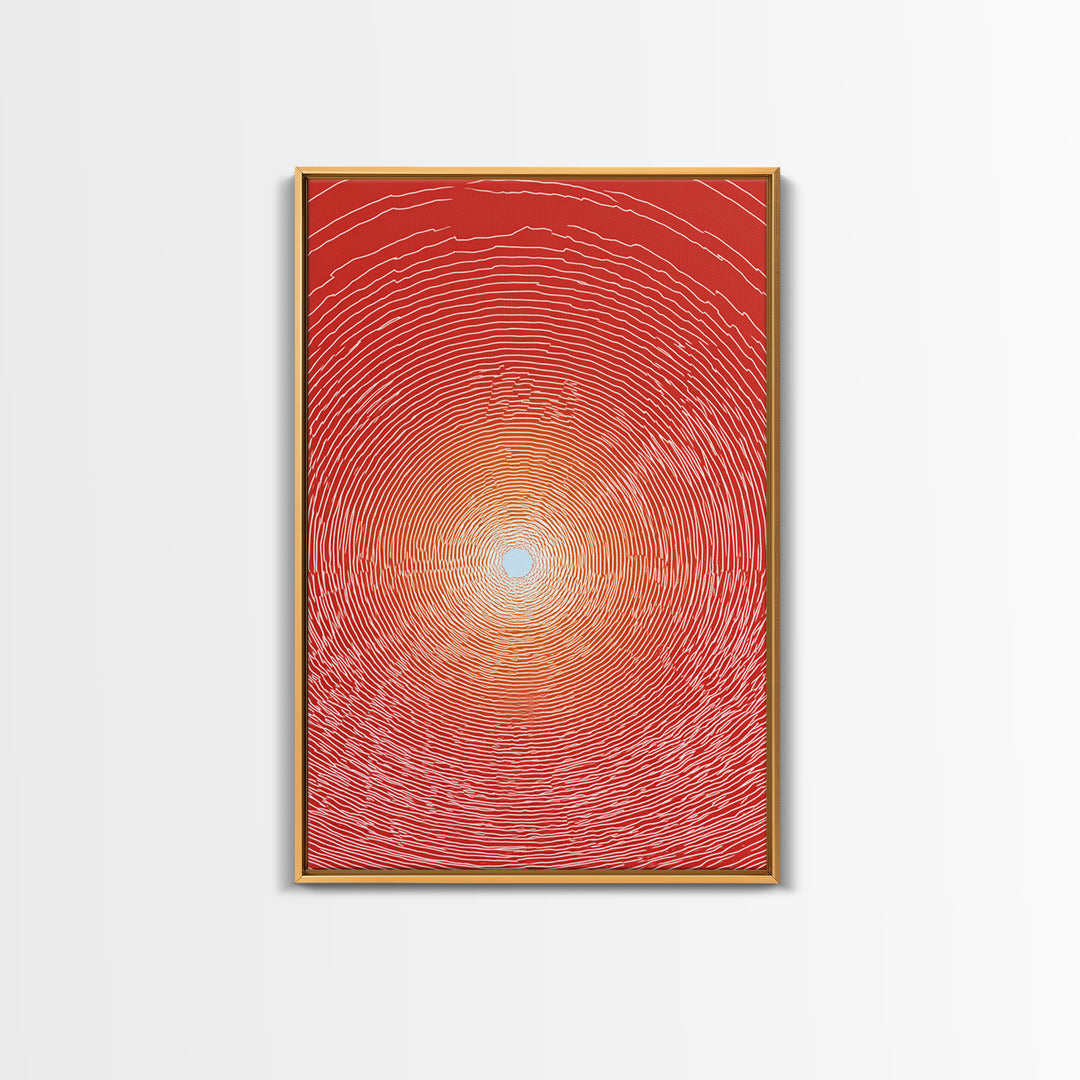 Radiant Red Concentric Sun Framed Canvas Print, Minimalist Wall Art, Modern Abstract Art, Retro Geometric Decor Poster Print