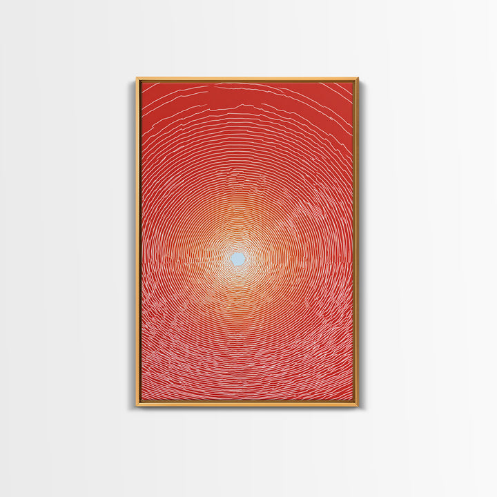 Radiant Red Concentric Sun Framed Canvas Print, Minimalist Wall Art, Modern Abstract Art, Retro Geometric Decor Poster Print