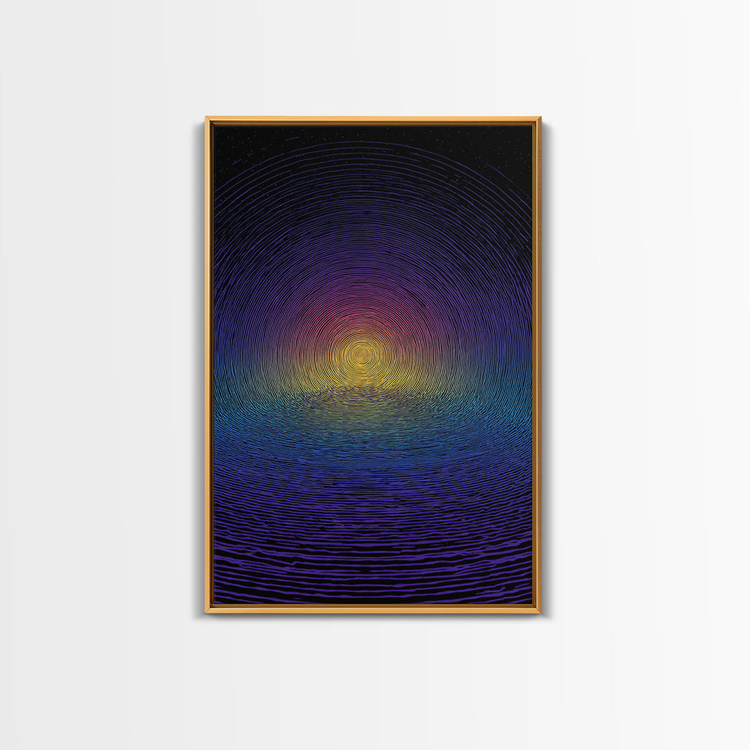 Blue Purple Ripple Sunset Canvas Print, Modern Abstract Wall Art, Retro Psychedelic Poster, Minimalist Home Decor Artwork