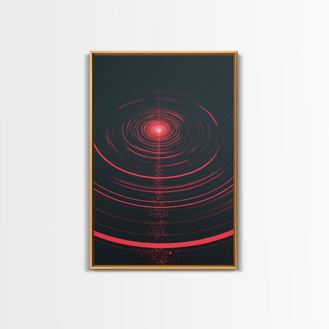 Red Cosmic Concentric Rings Abstract Wall Art, Modern Geometric Art Print, Sci Fi Retro Decor, Bold Black Living Room Decor
