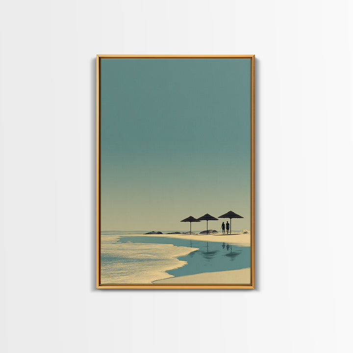 Minimal Beach Umbrellas Framed Canvas Print, Neutral Coastal Wall Art, Modern Landscape Poster, Serene Ocean Bedroom Decor