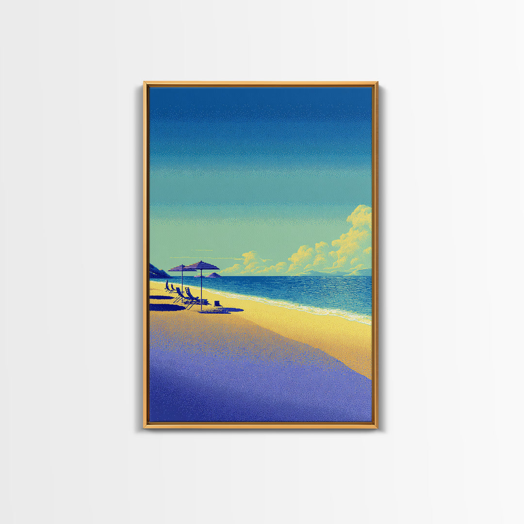 Vibrant Pixel Beach Canvas Print, Retro Travel Poster Wall Art, Coastal Modern Decor, Colorful Ocean Living Room Print Gift