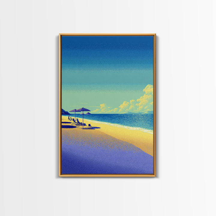 Vibrant Pixel Beach Canvas Print, Retro Travel Poster Wall Art, Coastal Modern Decor, Colorful Ocean Living Room Print Gift